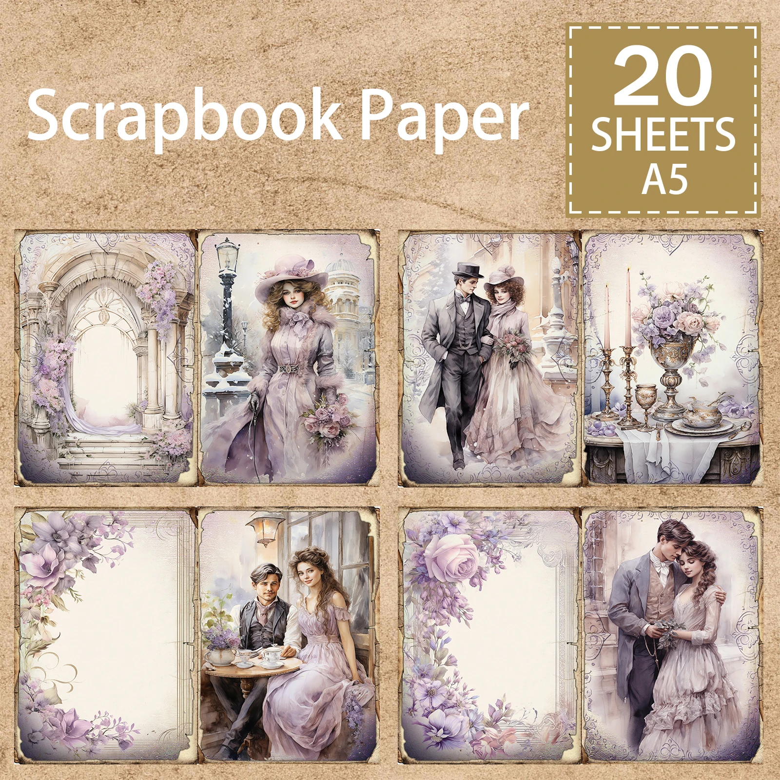 

20 Sheets A5 Size Valentine's Day Wedding Purple Background Couple Suit Wedding Dress Vintage Grunge Journal Planning Scrapbook