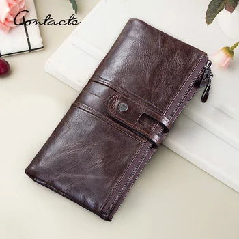 CONTACTS Genuine Leather Wallets for Men Long Casual Bifold Men Clutch Wallet Card Holder Coin Purse Money Clip Womens Wallets