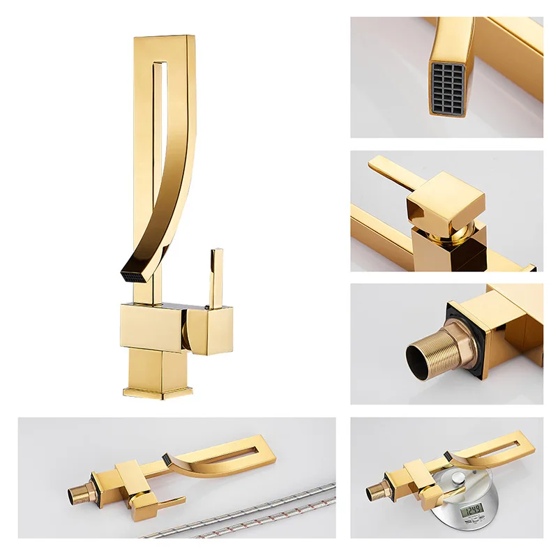 

All Copper Creative Rotatable Gold Tabletop Basin Basin Hot and Cold Faucet Modern Kitchen Sink Waterfall Faucet Basin Faucets