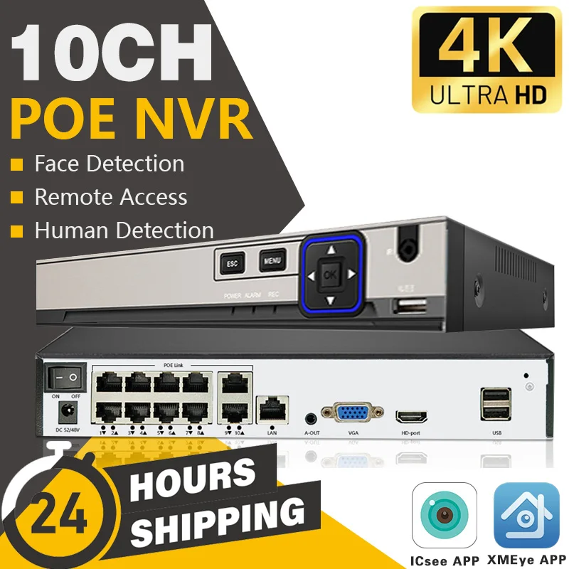 

H.265+ 8CH 10CH 4K POE NVR For IP Security Surveillance Camera CCTV System 1080P 5MP 8MP 4K Audio Video Recorder Face Detections