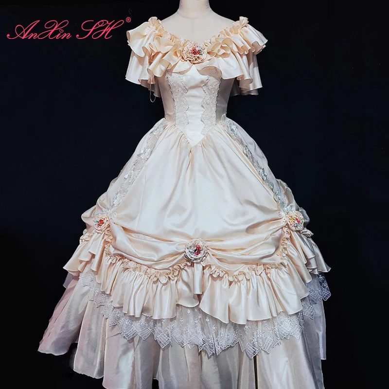 

Женское винтажное атласное платье AnXin SH, бежевое кружевное платье с цветочным кружевом, вырезом лодочкой, бисером и оборками в виде роз, на шнуровке, под старину, свадебное платье
