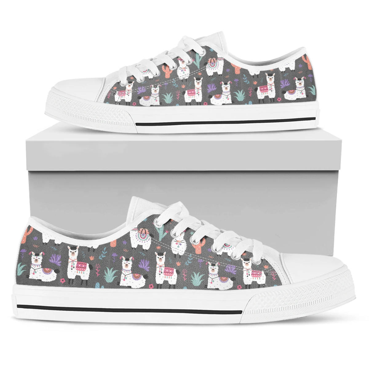 

BKQU 2022 Cute Cartoon animal alpaca llama prints Spring New Fashion Canvas Shoes Vulcanized Sneakers Girls Sneakers