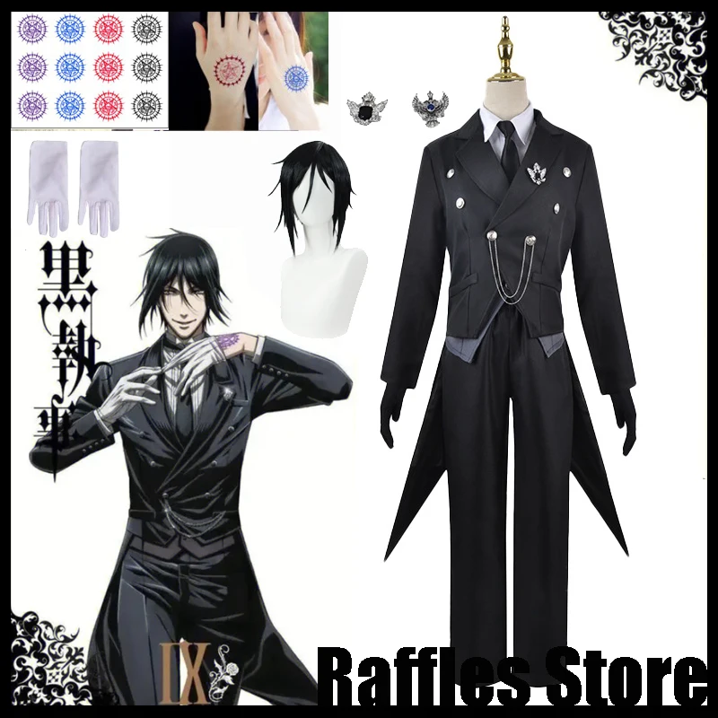 

Anime Cosplay Black Butler Kuroshitsuji Sebastian Michaelis Cosplay Costume Wig Uniforms Halloween Tuxedo Suit Tattoo Sticker