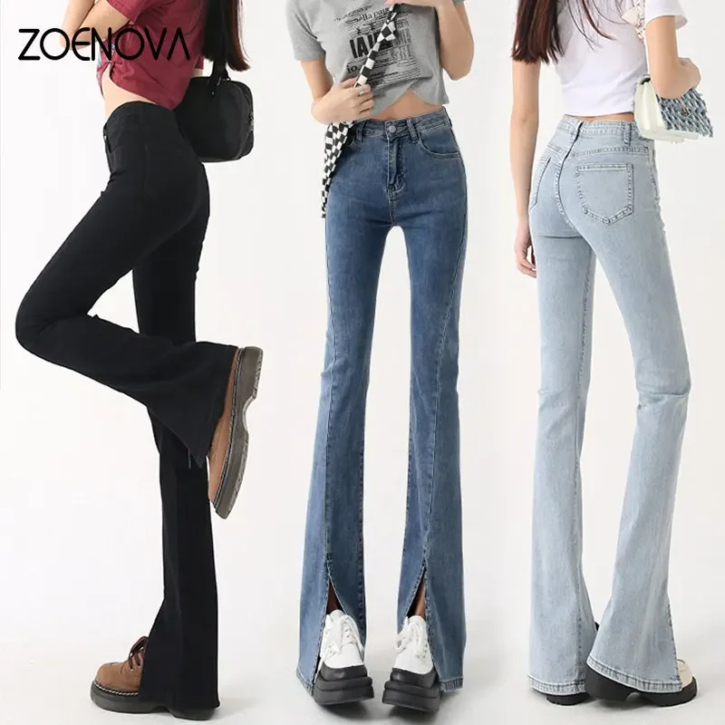 

ZOENOVA Spring 2023 New Korean Versatile Micro Horn Hem Split Jeans Women's Loose Denim Trousers Y2K Flare Pants Dark Light Blue