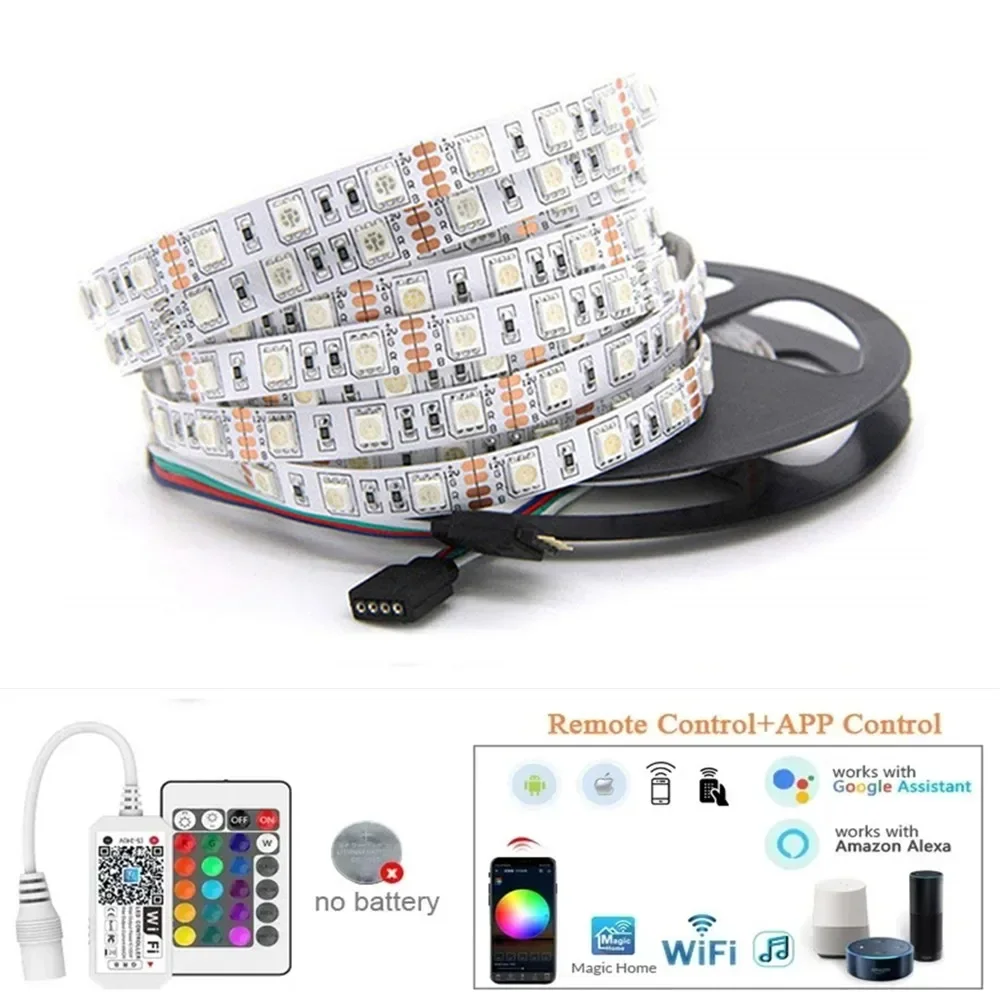 

2835 5050 LED Strips Light Flexible RGB Lamp Ribbon TV Tape Waterproof Bluetooth WIFI Controller + adapter For app Alexa Diode