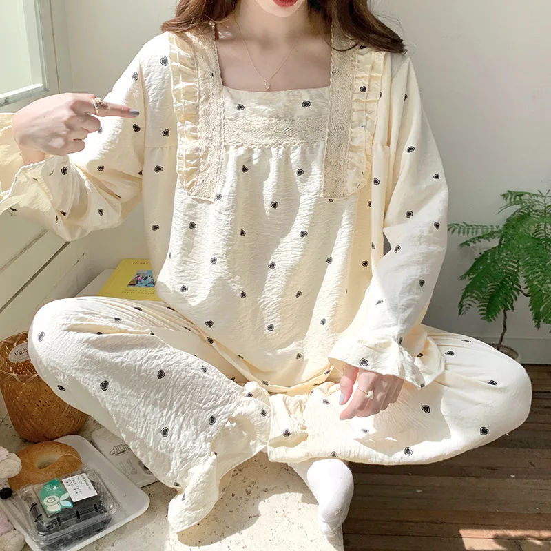 

Милая Пижама принцессы, женский осенне-зимний комплект одежды для сна, новый хлопковый костюм с длинным рукавом и штаны, Пижама для женщин, Корейская домашняя одежда