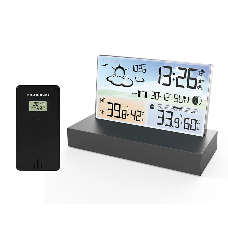 

Clear Glass Weather Station Color Screen Thermometer Hygrometer Weather Forecast Calendar Wireless Indoor Outdoor Digital Clock