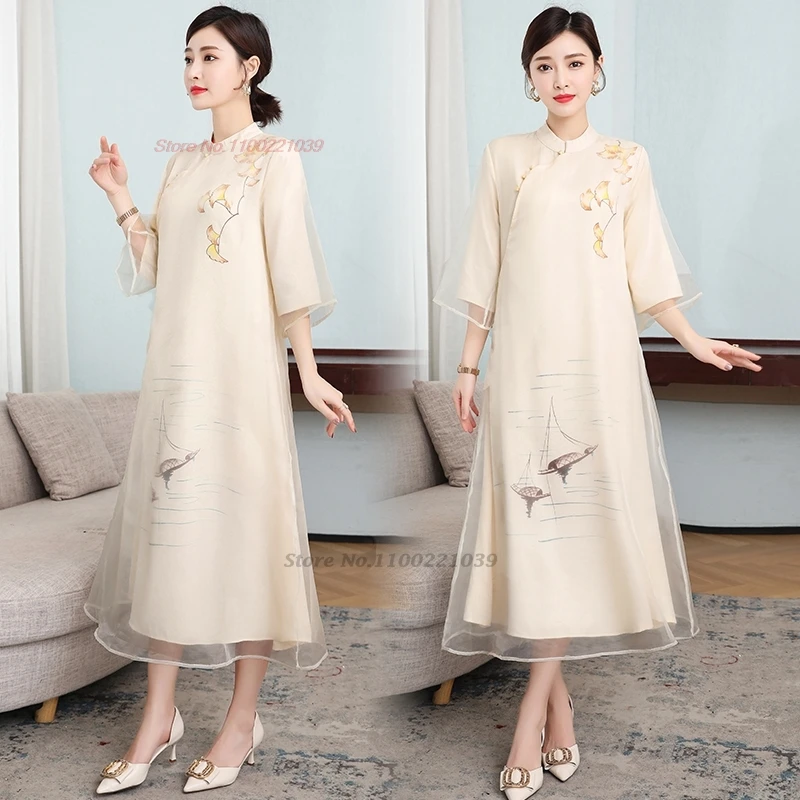 

2024 chinese traditional folk dress a-line qipao national flower print cheongsam dress oriental banquet evening party dress