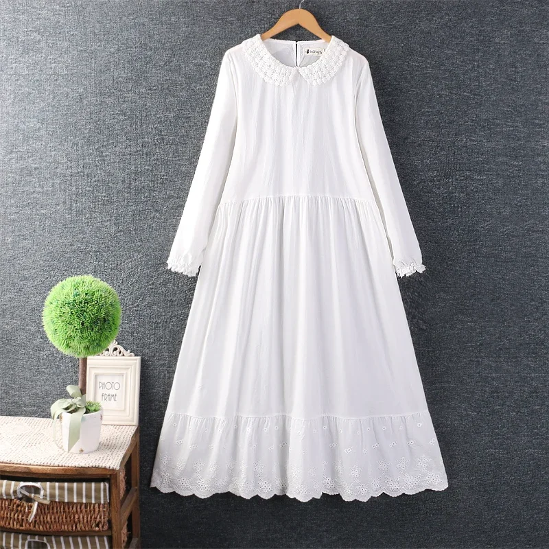 

Spring Summer Mori Girl Sweet Peter Pan Collar Cotton Dress Women Long Sleeve Casual Loose Solid Color Basic Under The Dress