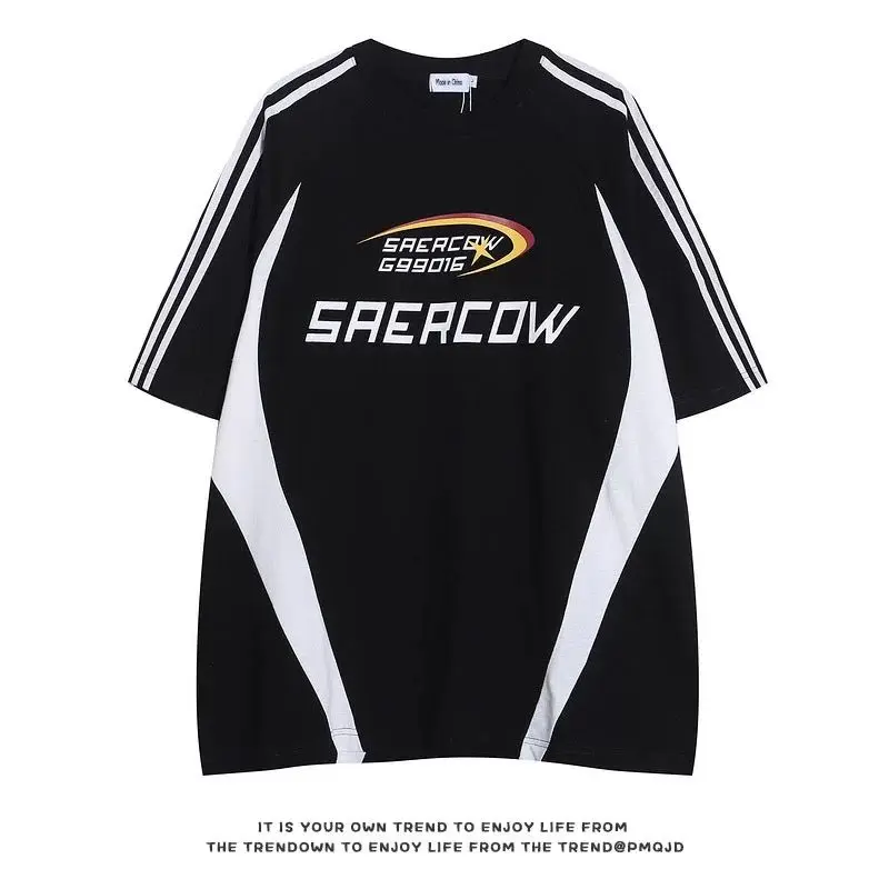 American retro contrasting color splicing striped racing suit short-sleeved T-shirts for men and women loose couple tops summer
American retro contrasting color splicing striped racing suit short-sleeved T-shirts for men and women loose couple tops summer