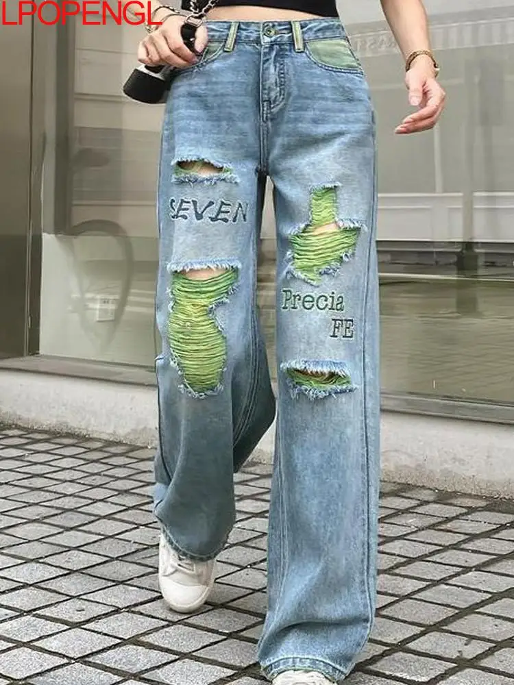 

Washed Ripped Jeans Women's Straight Wide-leg Pants Summer 2024 New High-waisted Contrast Embroidery Streetwear Trousers Tide