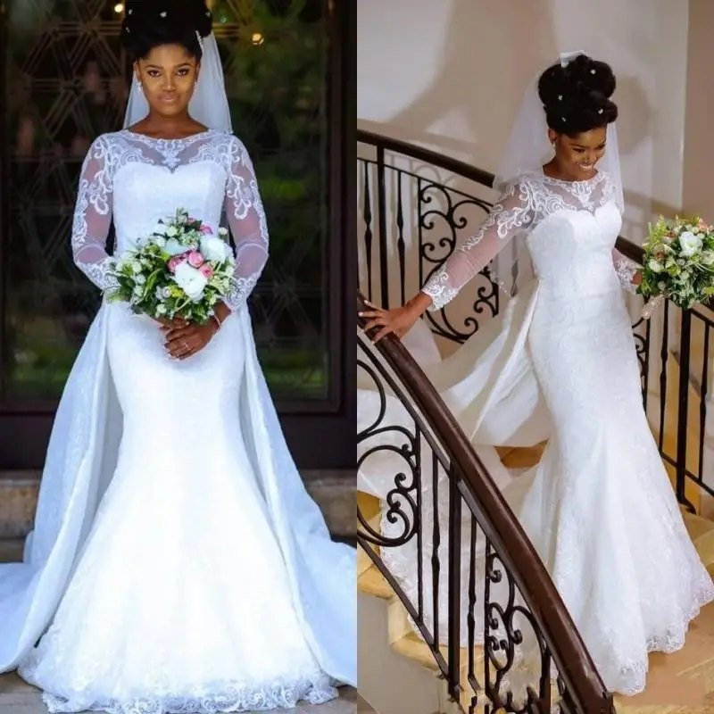 

Весеннее кружевное свадебное платье-Русалка со съемным шлейфом и круглым вырезом, белое Африканское нигерийское кружевное свадебное платье