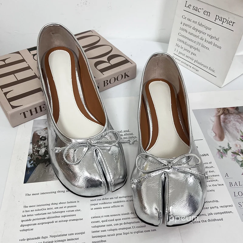 

IPPEUM Ballet Falts Silver Plus Size 44 Split Toe Shoes Leather Mary Janes For Women Summer Bow-knot Wedding Ballerina Shoes