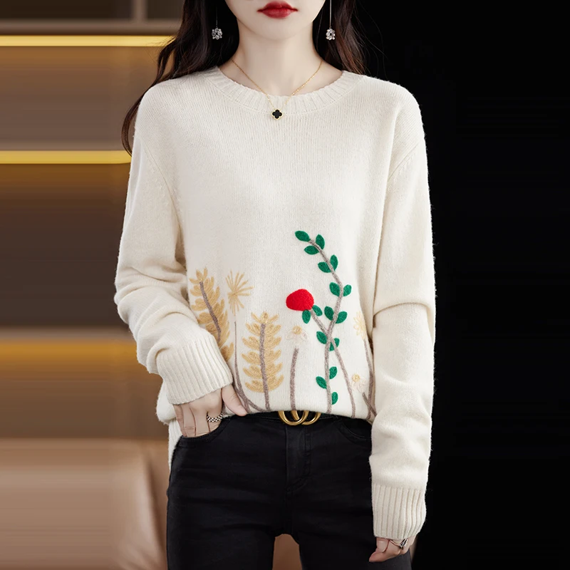 

100% Pure Cashmere Sweater Women's Autumn/Winter New Loose Round Neck Heavy Industry Embroidery Hook Flower Knitted Pullover Top