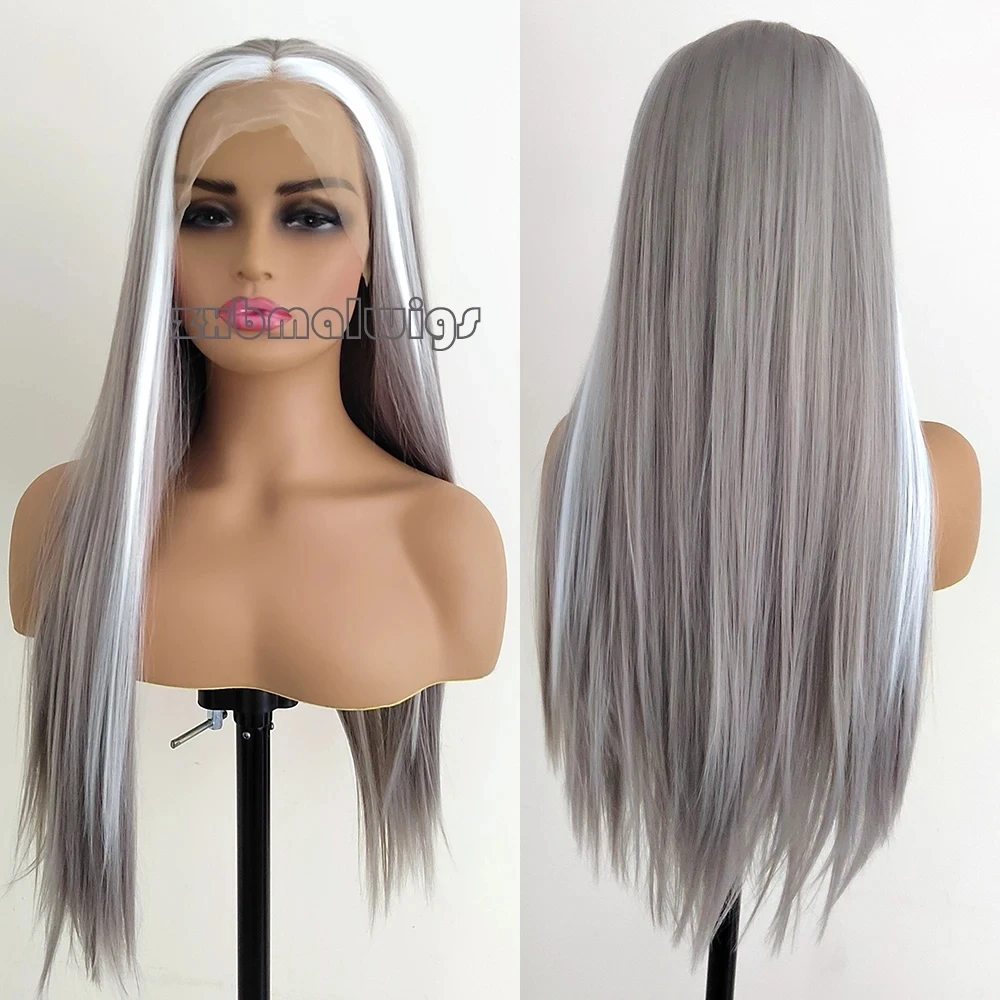 

ZXBMALWIGS Gray Long Silky Straight Synthetic Hair Wig Middle Part Highlight Blonde Grey Lace Front Wigs for Women Cosplay