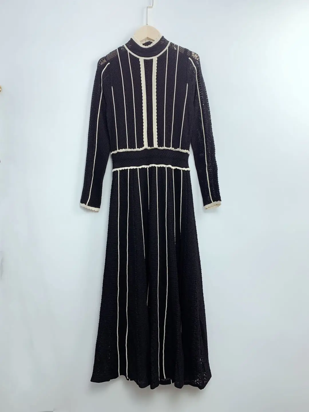 

Women's Long Dresses Contrast Mock Neck High Waist Slim 2024 New Ladies Elegant Long Sleeve Knitted Robe