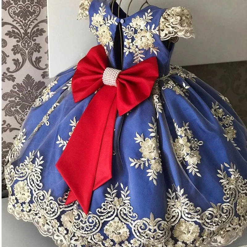 

Vintage Embroidery Girls Dress Bow Knot Lace Princess Dress Dance Performance Dress Children Host Evening Dress Tutu Skirt