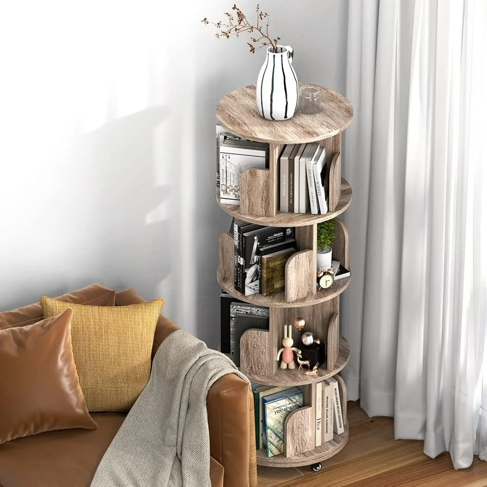 

Rotating Bookshelf,4 Tier Revolving Bookcase with Brake Wheels 360° Display Round Narrow Swivel Corner Standing Oak Grey