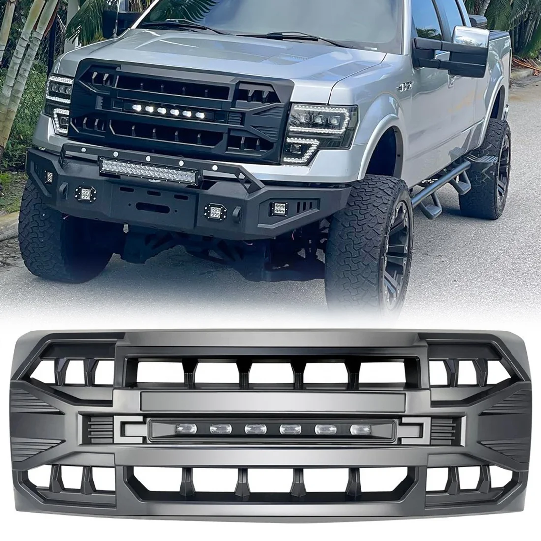 

Front Bumper Grill Armor Grille with LED Off-Road Lights For 2009-2014 Ford F150 F-150 Matte Black