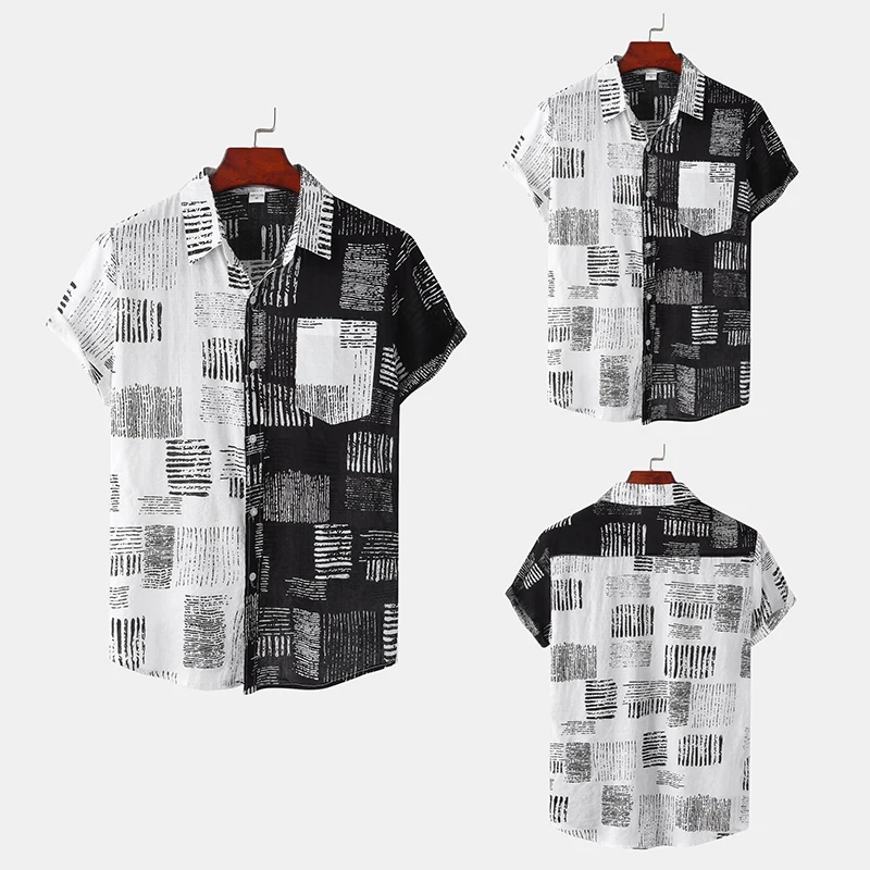 

2023 Summer Chemise Homme Black White Splice Men Shirt Casual Baggy Beach Hawaiian Blouse Short Sleeve Button Retro Shirts Tops