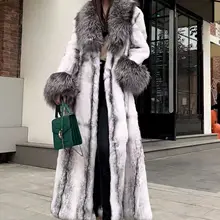 Furyoume Winter New Real Rabbit Fur Coat X-long Thick Warm Natural Fur Jacket With Fox Fur Collar/cuffs Luxury Fur Belt Fashion