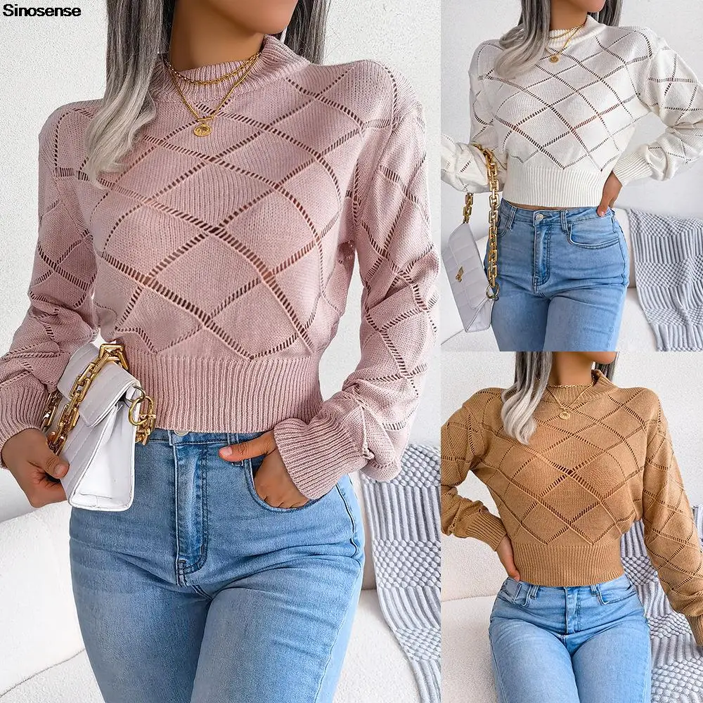 

Women Chunky Knit Cropped Sweater Solid Color Long Sleeve Mock Neck Hollow Out Plaid Pullover Sweater Ribbed Knitted Jumper Tops