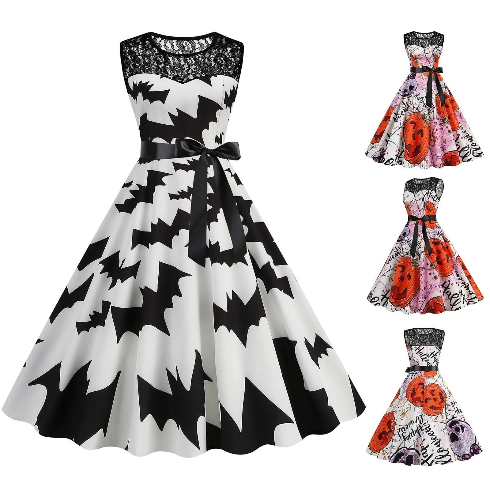 

Women Sleeveless Pumpkin Printed Dress Halloween Vintage Cosplay Lace Patchwork High Waist Cocktail Party Swing Dresses