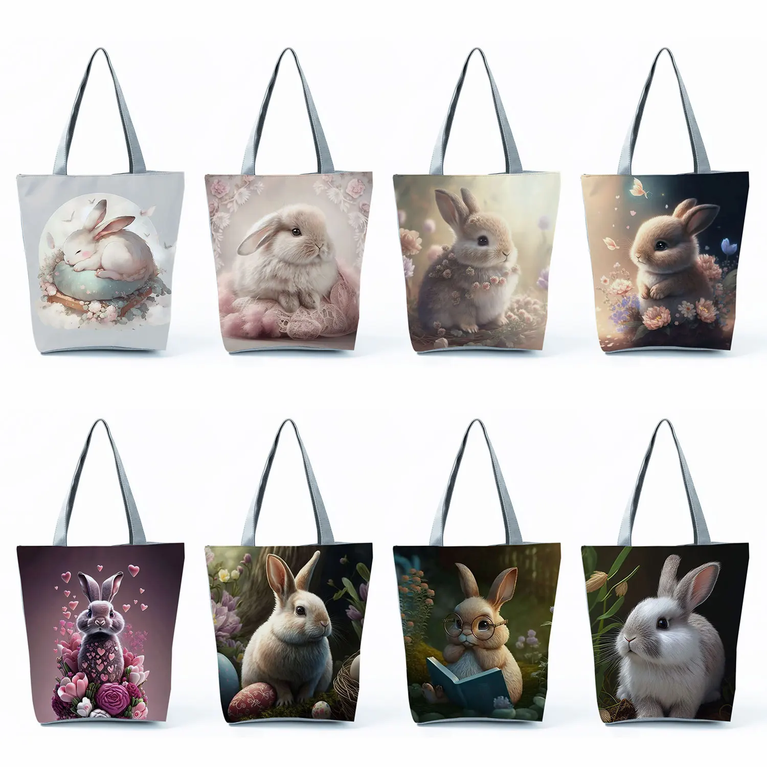 

Reusable Large Shoulder Shopper Bags Foldable Portable Shopping Bags Cute Cartoon Floral Rabbit Painting Print Women Tote Bag