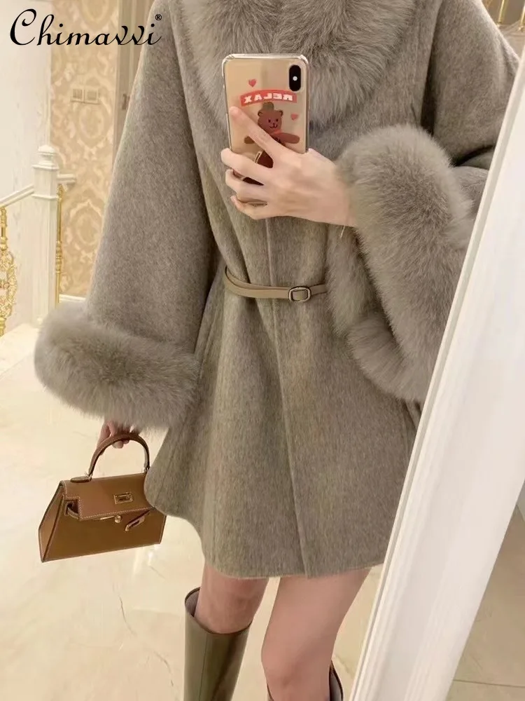 

Jackets 2023 Winter New Korean Fashion Cloak Reversible Cashmere Coat Women High-End Fox Fur Collar Shawl Double-Sided Wool Coat