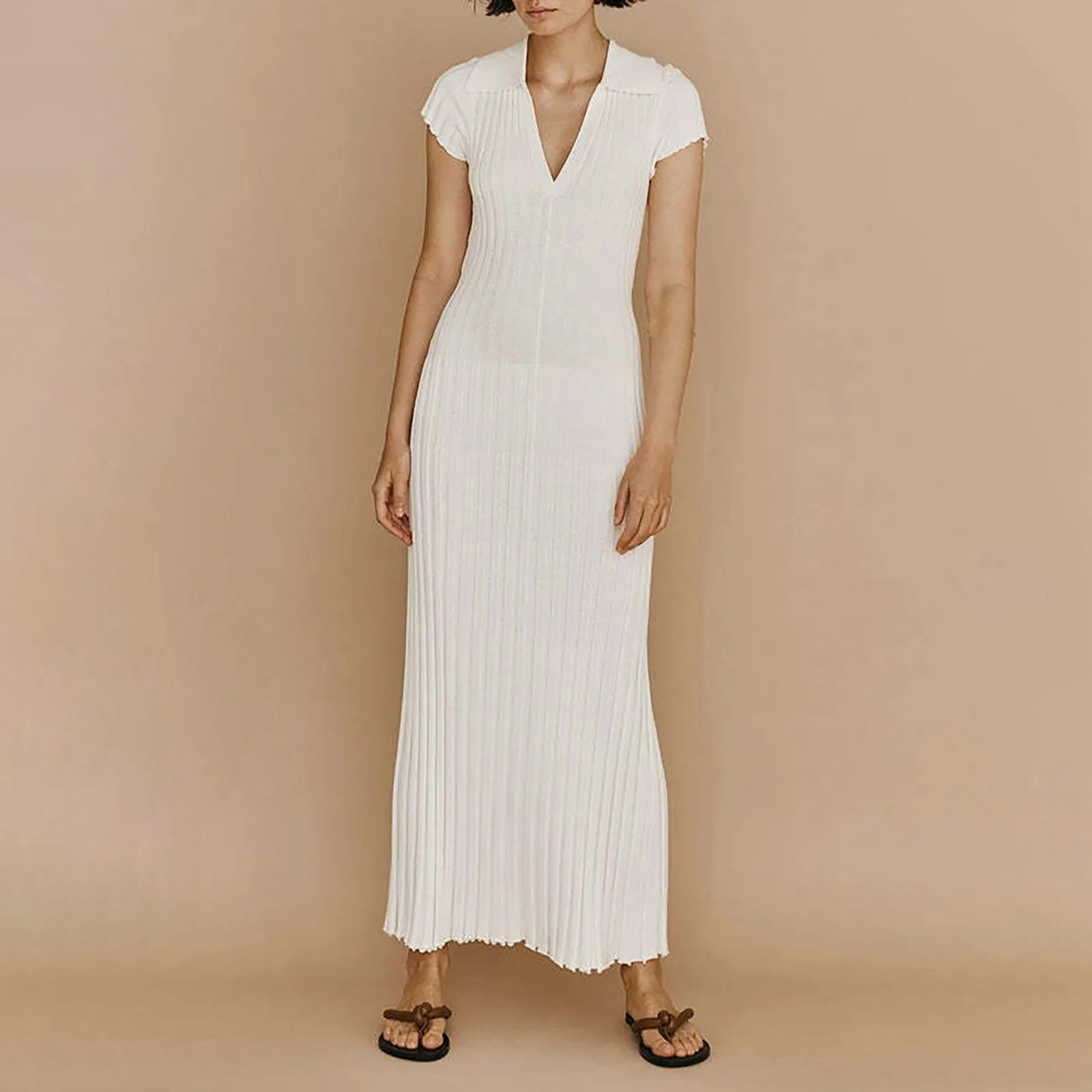 

V Neck Lapel Maxi Sweater Dresses Women Summer 2023 Solid Color Ribbed Stretchy Knitted Long Dress Female Casual Slim Vestidos