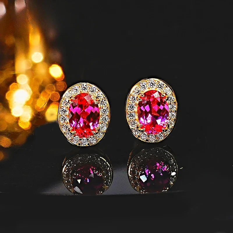 

New Super Sweet Rupee Pink Tourmaline 925 Silver Oval Earrings, Paired with High Carbon Diamond Versatile Jewelry