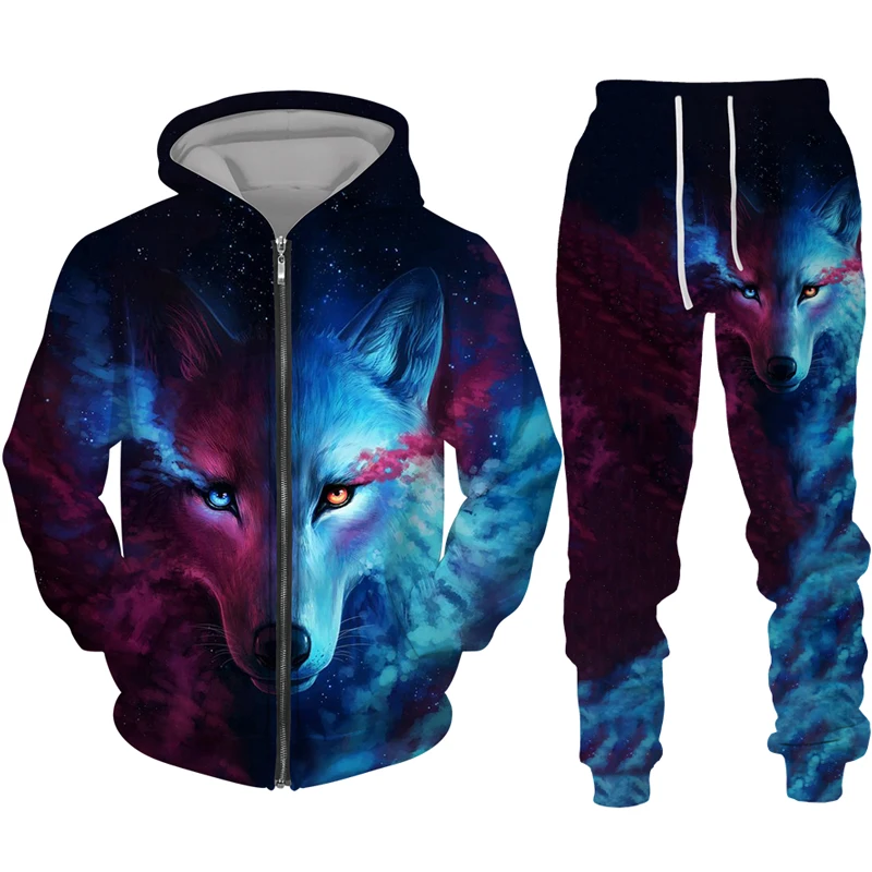 

Europe And America Men's Zipper Hooded Suit 3D Printing Colorful Wolf Fashion Casual Sports Men Popular European Code Zipper Sui