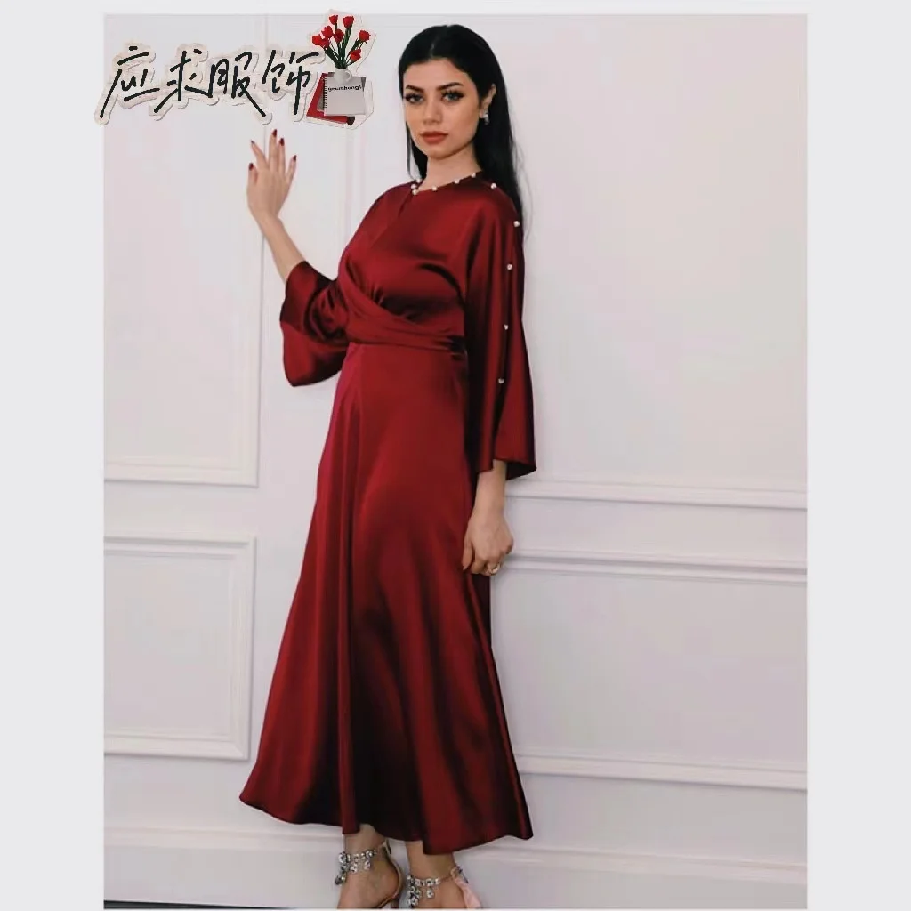 

Ramadan Islamic Dress Dubai Qatar Premium Satin Ruffle Sleeve Dress Arabian Gown Solid Muslim Women's Clothing Abaya Kaftan