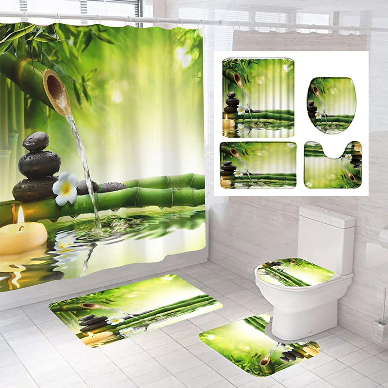 

Green Bamboo Black Zen Lake Stones Shower Curtain Set Non-Slip Rug Toilet Lid Cover Bath Mat Candle Lotus Bathroom Decor Curtain