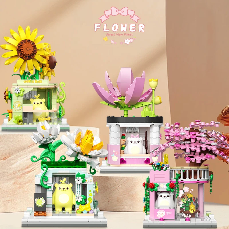 

Idea City Street View Flower Shop Brick Gardenia Lotus Sunflower Cherry Blossom Build Block Construction Toys Bear Figure Brick