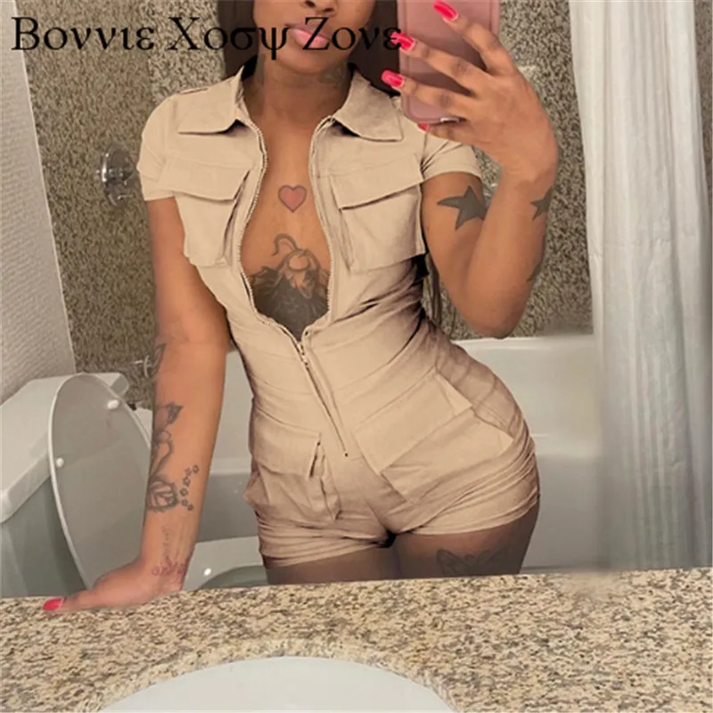 Women Summer Turn-down Collar Above Knee Pocket Zipper Design Short Sleeve Romper
Women Summer Turn-down Collar Above Knee Pocket Zipper Design Short Sleeve Romper