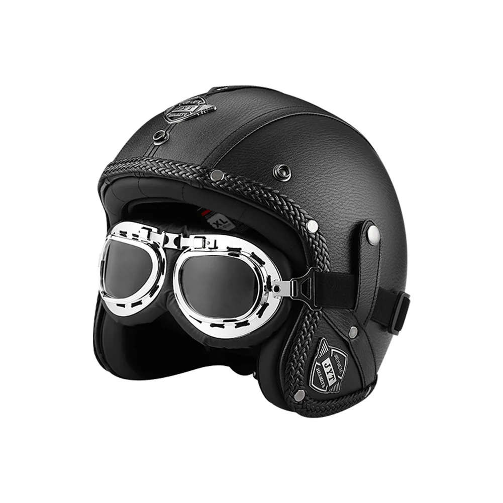 

Motocross Helmets With Goggle Mask Retro Vintage Helmet Motorcycle 3/4 Open Face DOT approved visor PU leather Casco Moto Helmet