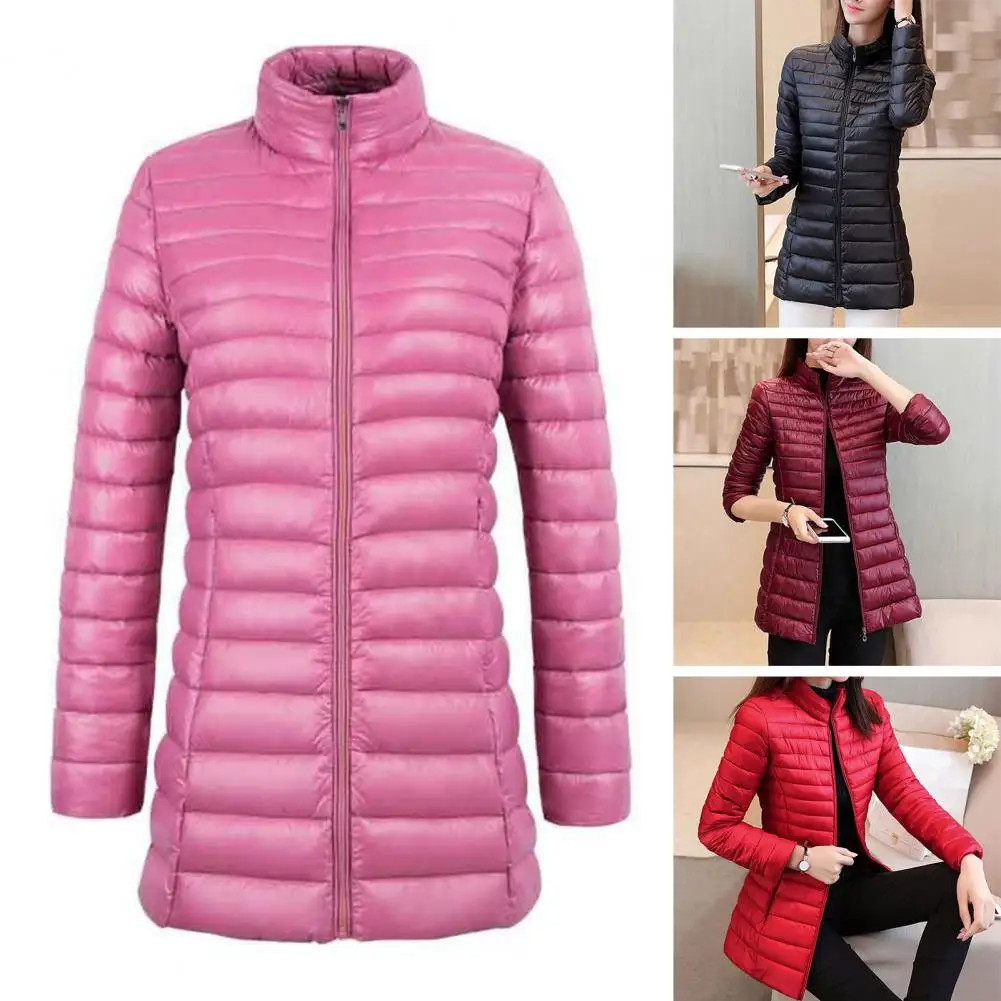 Mid Length Winter Women Down Coat Thickened Padded Stand Collar Outerwear Solid Color Pockets Zipper Closure Lady Jacket
Mid Length Winter Women Down Coat Thickened Padded Stand Collar Outerwear Solid Color Pockets Zipper Closure Lady Jacket