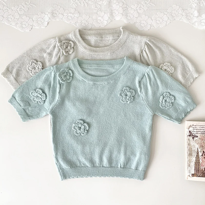

Летние вязаные пуловеры для маленьких девочек, рубашки, кружевные с пышными рукавами, милые детские топы, Детский свитер с вышивкой