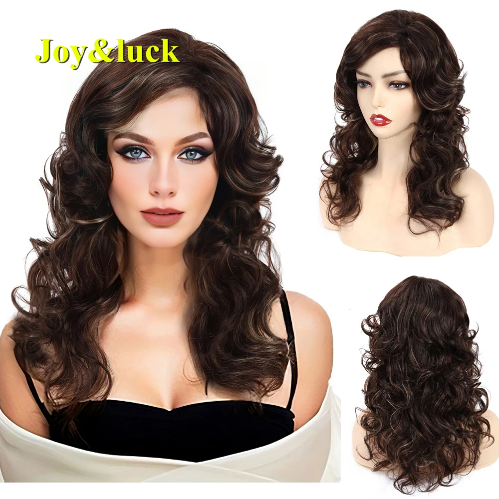 

Joy&luck Long Culry Ombre Blonde Wig Synthetic Wigs African Brown Wigs for Women Gold Luffy Natural Hair Full Wig With Bangs