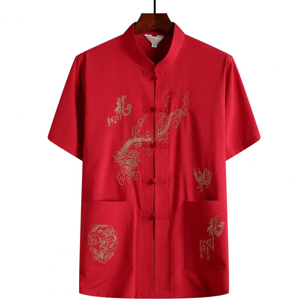 

Men Tangs Suit Top Embroidery Dragon Short Slleve Men Shirt Solid Color Stand Collar Chinese Kung Fu Wing Chun Garment Shirt