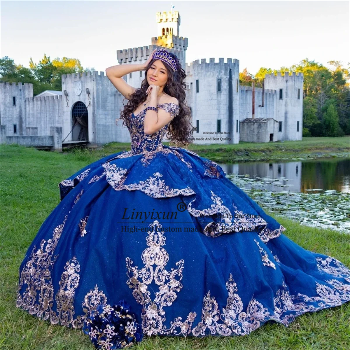 

Мексиканские темно-синие платья Quinceanera с открытыми плечами, бальное платье, корсет, аппликация, кружевные бусины, платье принцессы, платья 15 quinceañ