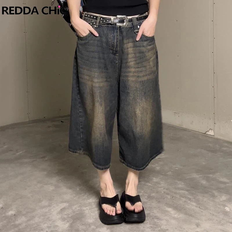 

ReddaChic Brushed Denim Shorts for Women Low Waist Baggy Jorts Cropped Jeans Casual Loose Wide Leg Pants Vintage Y2k Streetwear