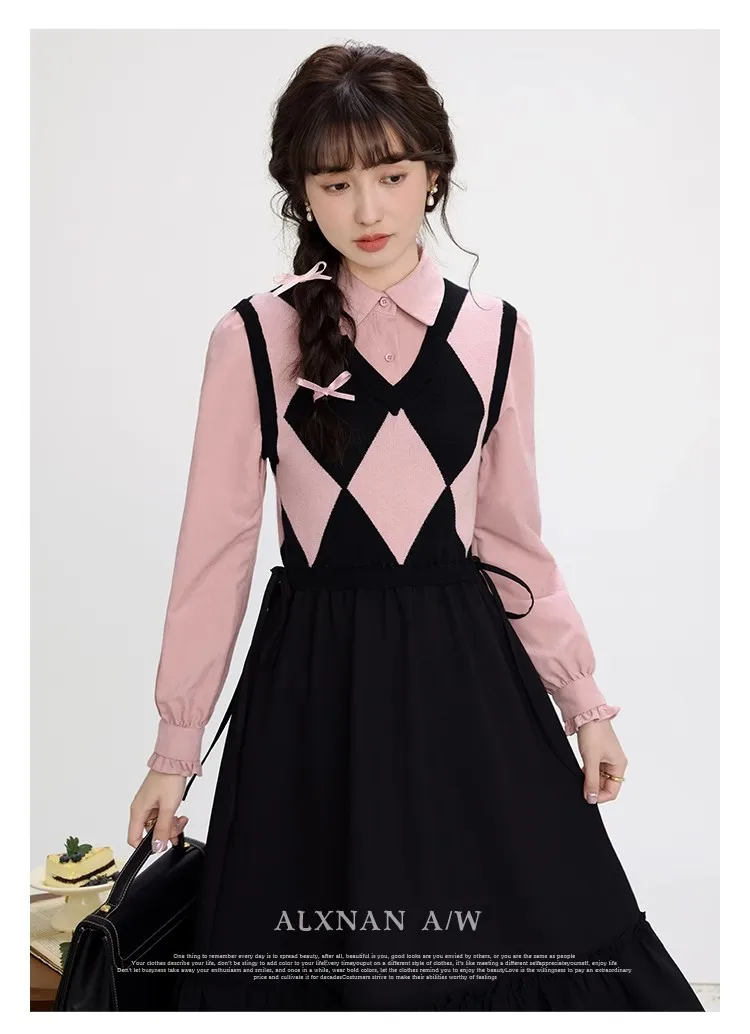 

Autumn New College Style Sweet Gentle Intellectual Elegant Mature Charm Confident Women'S Long Sleeve Lapel Dress