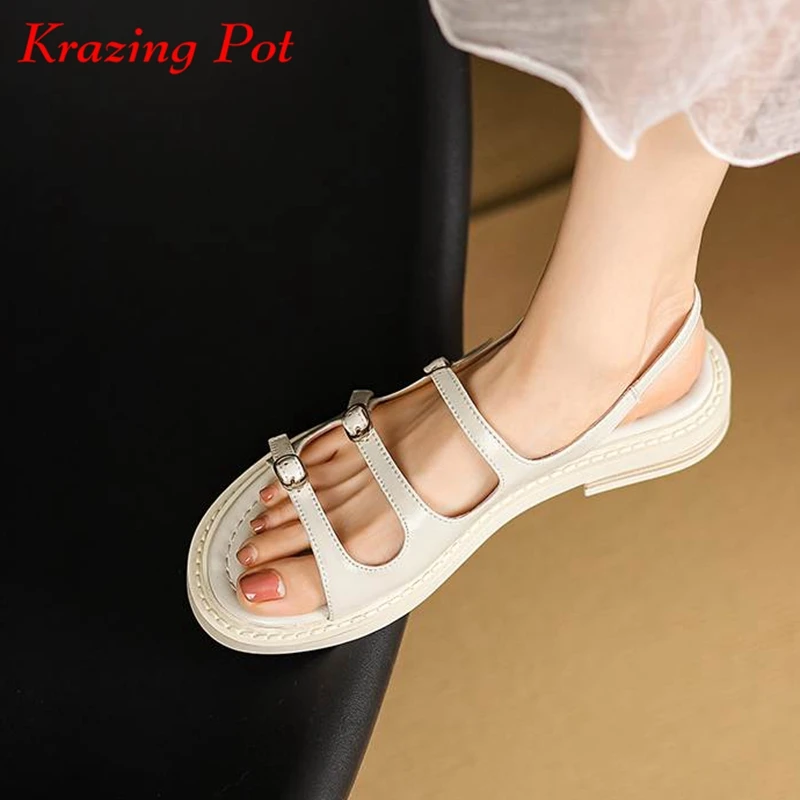 

Krazing Pot Cow Leather Leisure Peep Toe Summer Preppy Style Solid Color Gorgeous Buckle Straps Low Heels Retro Sandals Women