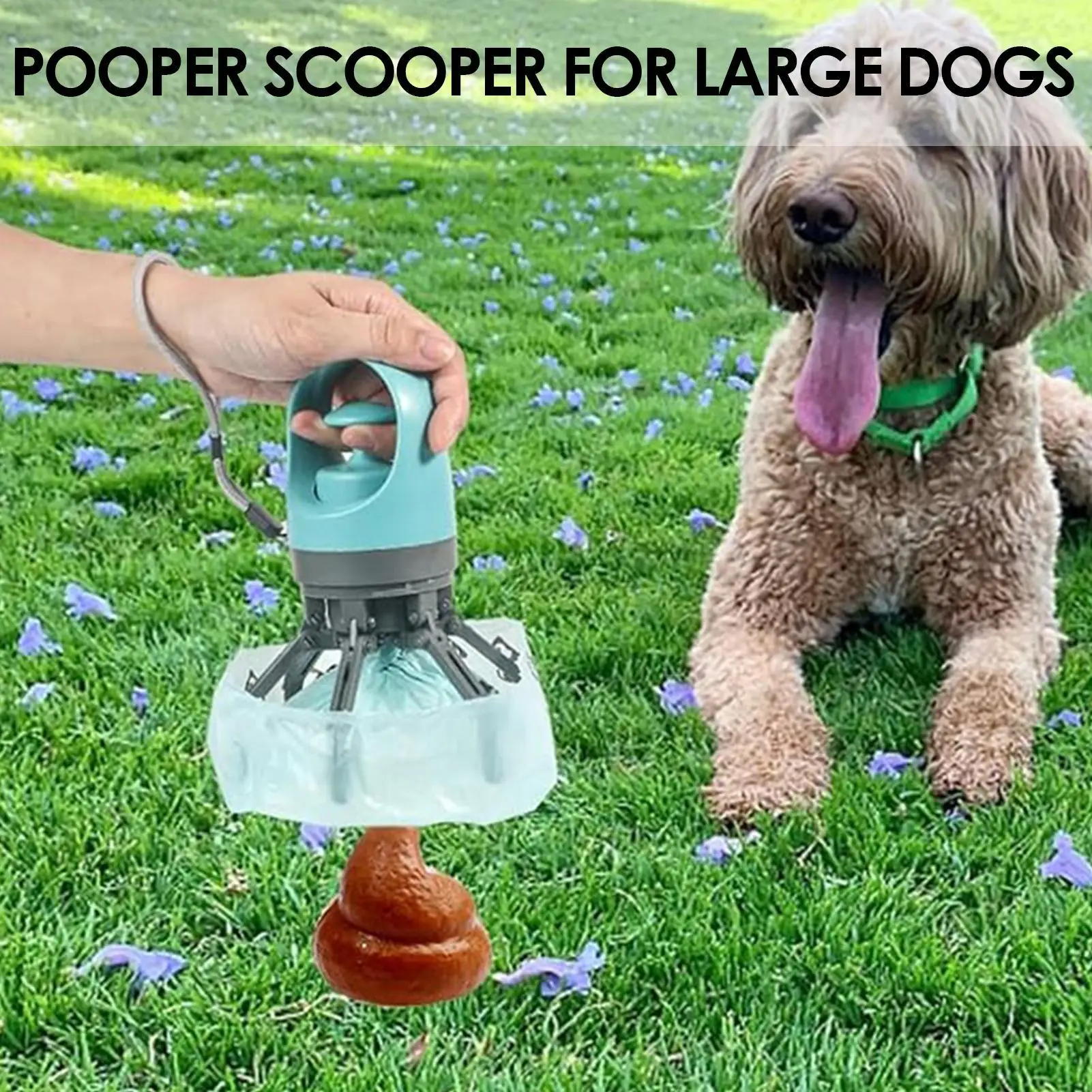 Dog Poop Scooper | Dog Waste Picker A lifestyle image showing a person using the scooper on a green lawn next to a large, fluffy dog. A digital edit shows the claw-gripping action over a pile of waste to demonstrate the "hands-off" cleaning process.
