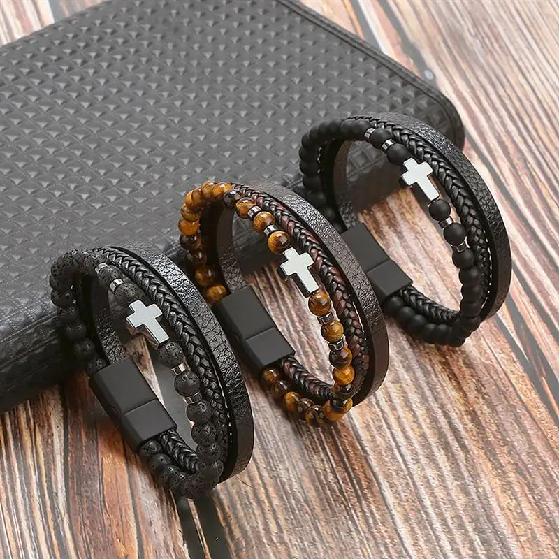 

Classic Fashion Cross Leather Bracelet For Men Alloy Buckle Multilayer Tiger Eye Bead Leather Bracelet High Quality Jewelry Gift