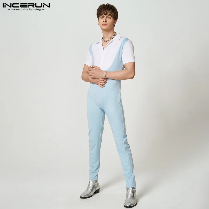 

INCERUN 2023 American Style New Men Fashionable Color Contrast Rompers Casual Party Hot Sale Male Short-sleeved Jumpsuits S-5XL
