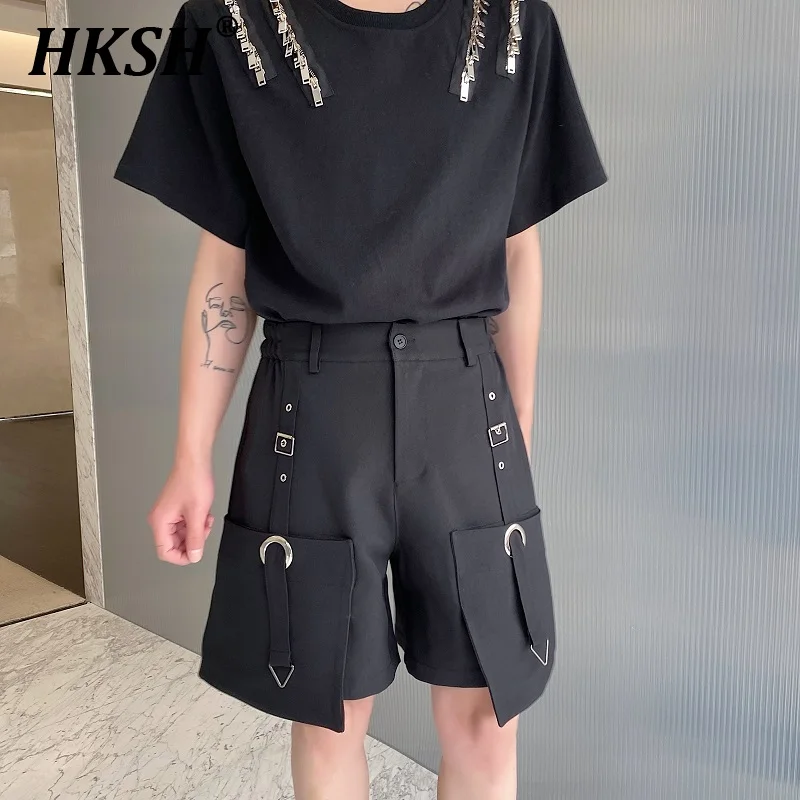 

Рабочие шорты HKSH с завышенной талией, мужские Модные шикарные весенне-летние новые стройнящие повседневные брюки до колена, темные панковские модные HK1015