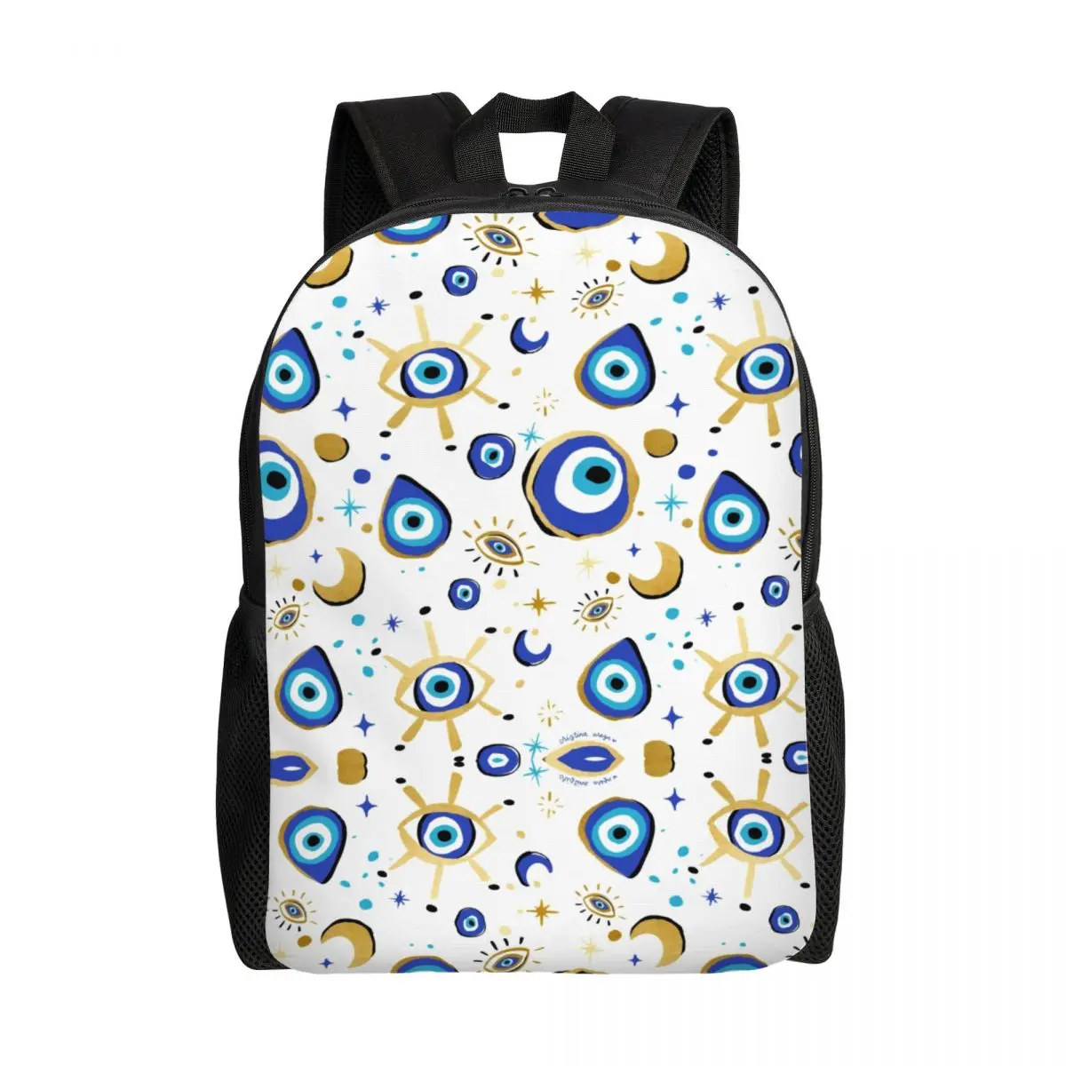 

Mediterranean Blue And Gold Evil Eye Laptop Backpack Basic Bookbag for School College Student Hamsa Nazar Amulet Boho Bag